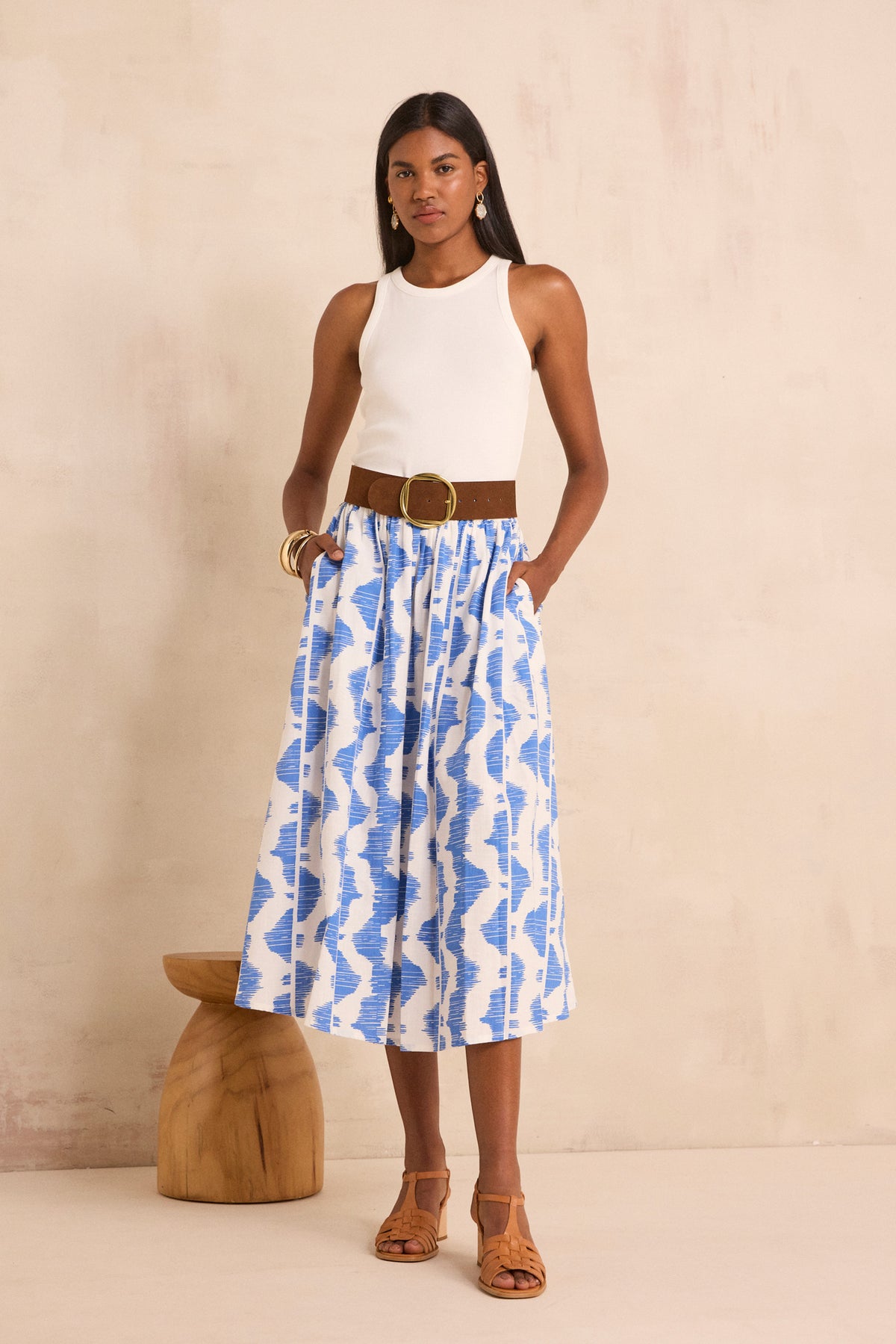 Jupe midi fluide imprimée en coton BRUNE