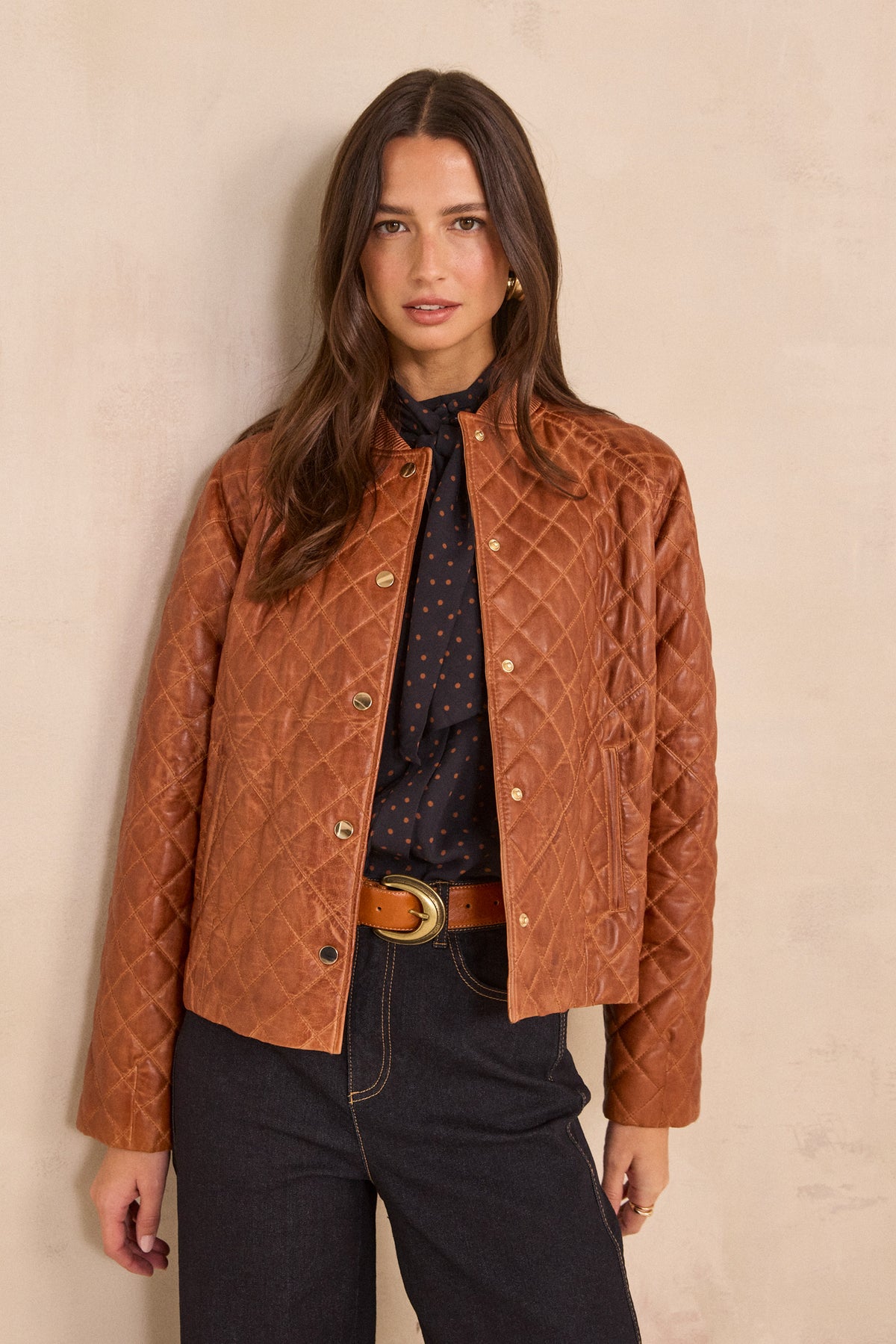 Blouson en cuir matelassé cannelle BETSY